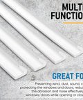 Four white V shape weather strip adhesive seals for doors, showcasing textured surface and multi-function feature against stone background.