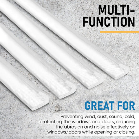 Four white V shape weather strip adhesive seals for doors, showcasing textured surface and multi-function feature against stone background.