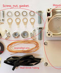 Components of Do It Yourself Balun Kit For Ham Radio Systems From 1 To 30 MHz, including screws, nuts, housing, and enameled wire.