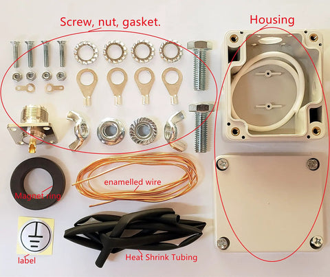 Components of Do It Yourself Balun Kit For Ham Radio Systems From 1 To 30 MHz, including screws, nuts, housing, and enameled wire.