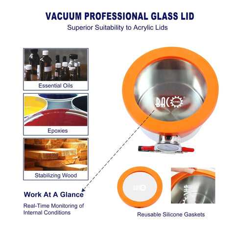 1.5 Gallon Vacuum Chamber With Tempered Glass Lid And Stainless Steel Build for wood stabilizing and degassing silicones and epoxies