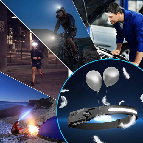 Rechargeable Dual Headlamp Set With 230 Degree Wide Beam, 6 Modes And Motion Sensor in use for camping and outdoor activities