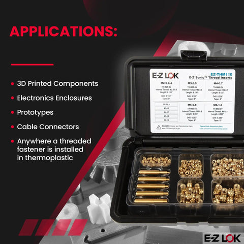 Ultrasonic Threaded Inserts For Plastic Kit with Heat Set Thread Inserts, Metric M2.5 to M6, shown in open case with contents visible.