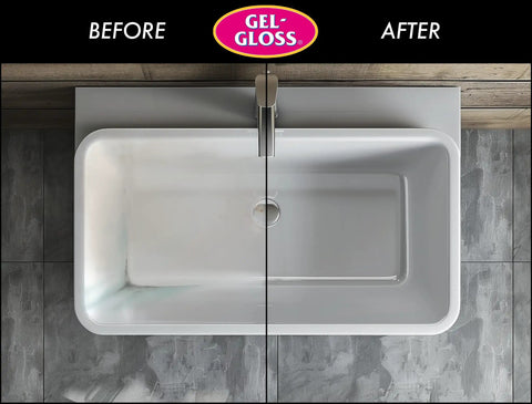 Before and after showing clean, polished bathtub with Real Deal Carnauba Wax Kitchen And Bath Polish 16 Oz Jar.