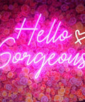 Pink LED Neon Sign Hello Gorgeous For Home Decor And Party Backdrops, Dimmable 5V Neon Light, floral background, USB Powered.