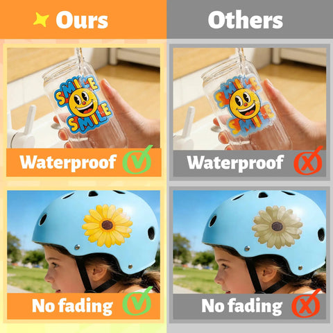 Comparison of waterproof and fade-resistant Premium Sublimation Sticker Paper 8.5x11 Glossy Transparent Waterproof Vinyl for Inkjet Printers.