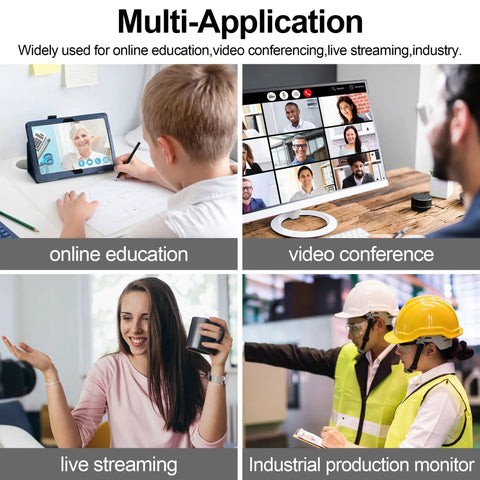 Collage of 8MP USB Camera applications: online education, video conferencing, live streaming, and industrial production.