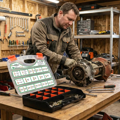 Mechanic using a Massive 1580 Piece Metric Bolt Kit With M4 M5 M6 M8 Nuts And Bolts, Grade 8.8 Alloy Steel, Yellow Zinc Plated in workshop.