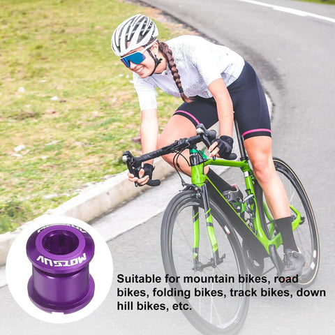 Five Piece Double Chain Ring Bolts M8 Aluminum Alloy Bicycle Crankset Nuts Chainring Screws Purple shown with cyclist and bike