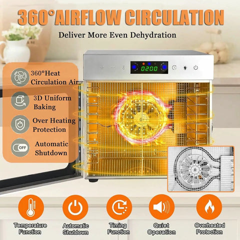 Heavy Duty Twelve Tray Food Dehydrator Featuring Locked In Temperature And Timer Settings For Crispy Fruit showcasing 360° airflow.