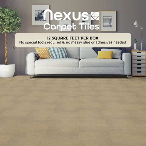 Living room with Nexus carpet tiles in tan showing DIY Peel And Stick Carpet Tiles 12x12 Inch Tan 12 Pack Self Adhesive Flooring.