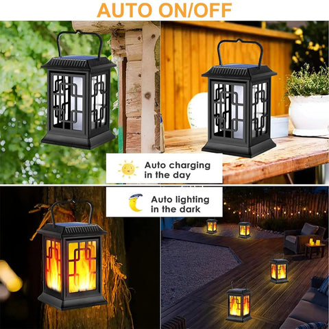 Waterproof Solar Lanterns for Garden and Patio, hanging with flickering flame effect on wooden porch, day and night modes