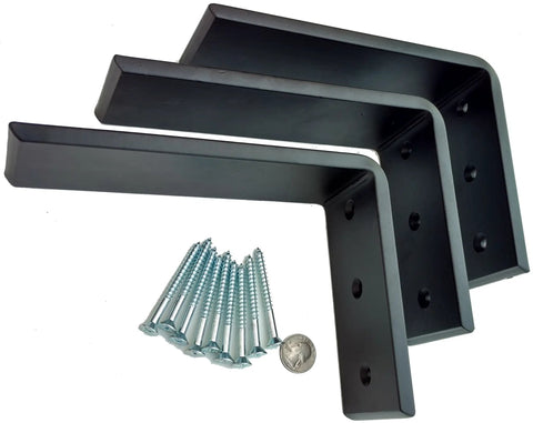 Heavy Duty L Brackets Black Steel 6 By 8 Inch Three Pack Hidden Countertop Support Brackets Three Eighths Inch Thick Supports Up To 150 Lbs Floating Look For Granite Quartz Wood Concrete Weld On Tabs Pre Drilled Three Eighths Inch Hole
