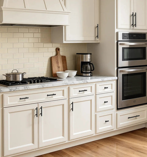 Snag This Set Of Sharp Matte Black Cabinet Handles 30 Pack Heavy Duty Stainless Steel Bar Pulls For Kitchen Drawers And Bathroom Vanity Doors Featuring 5 Inch Span And 3 Inch Hole Spacing Pro Level Upgrade displayed on white cabinets.