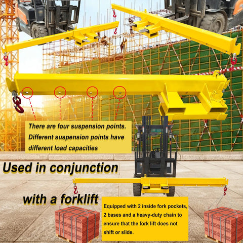 Heavy Duty Workhorse Forklift Jib Boom Hoist 6600 Lb Telescopic Mobile Crane Attachment with four suspension points.
