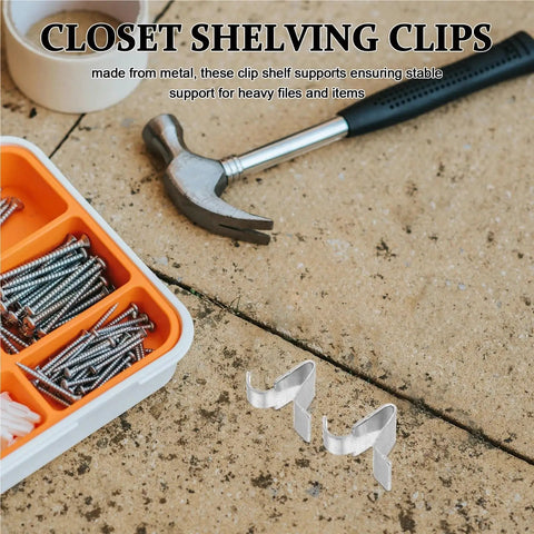 Built Tough Cabinet Shelf Clips for Metal Cabinets next to toolbox and hammer on stone surface