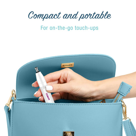 Women's Ear And Nose Hair Trimmer Cordless Battery Powered For Easy Snip And Clean 360 Degree Beveled Blade Delivers No Pull No Snag Compact Portable Groomer For Quick Home Grooming On The Go True Glow Style in blue purse