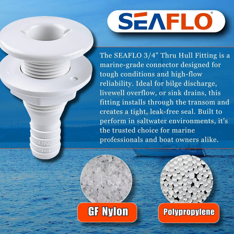 SEAFLO 3/4-inch through-hull fitting in white polypropylene, drain overflow connector for boat bilge, 5-pack