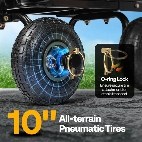 Close-up of 10 inch all-terrain wheel for Heavy Duty Garden Cart With 4 Cu Ft Dump Wagon And 660 Lb Capacity, O-ring lock detail.