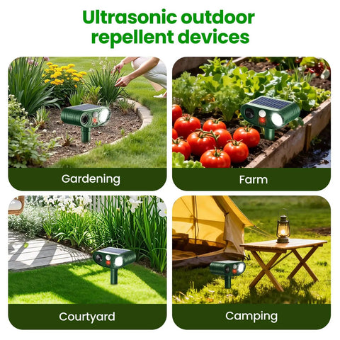 Solar Ultrasonic Animal Repeller With Motion Sensor Light For Yard Garden Lawn, Deterrent For Deer Squirrels Cats Raccoons Rabbits And Dogs, Easy Setup Eco Friendly Power 110 Degree Infrared Sensor 25 To 30 Ft Range. Used in garden, farm, courtyard and camping.