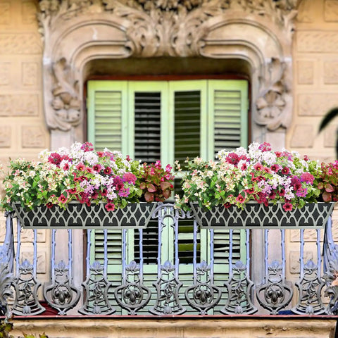 2 Pack 24 Inch Window Planter Boxes With Adjustable Brackets And Nonwoven Fabric Grow Bags For Deck Railing Balcony Hanging Flower Box For Outdoor Plants And Flowers Perfect For Porches And Patios on a decorative balcony iron railing with flowering plants