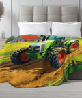 Ultra Cozy Lightweight Flannel Throw Blanket with tractor design on bed, 50x60 inches, modern room decor, for adults and kids, snuggle
