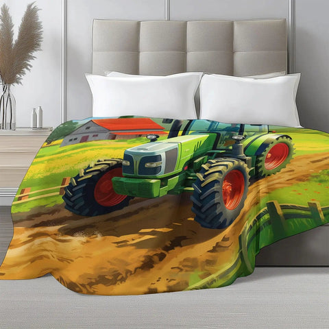 Ultra Cozy Lightweight Flannel Throw Blanket with tractor design on bed, 50x60 inches, modern room decor, for adults and kids, snuggle