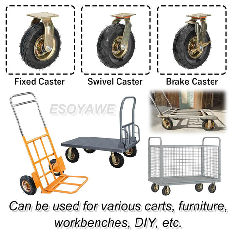 Heavy Duty Industrial Caster Wheel Set Of Four Featuring Shock Absorbing Pneumatic Rubber Tires And Tough As Nails Swivel Fixed Plate Brakes.