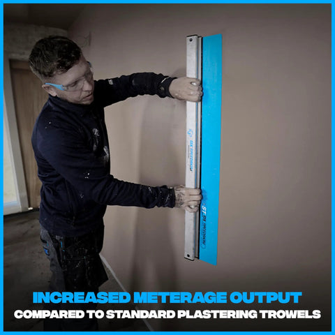 Worker using Pro Series ST QuickSkim Plaster Skimming Blade 23 5 8 Inch Semi Flexible High Grade Plastic Blade With Extruded Aluminum Handle