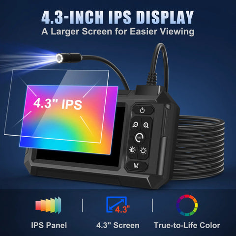1080P Endoscope Camera With Light And 4.3 Inch IPS Screen For Real Time Inspection HD Borescope With Flexible Probe Handy On Device Display, 4.3-inch screen