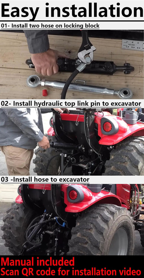 Beefy Heavy Duty Hydraulic Top Link For Tractors And Excavators Adjustable Cat 1 To 2 Length One Eighth To Twenty Six And Three Eighths Inches Includes Locking Block And Dual Hoses Ideal For Agriculture Waste Construction And More installed on tractor and excavator