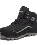 Steel Toe Work Boots For Men With Wide Toe Fit Breathable Fly Knit Mesh And Leather Upper Slip Resistant Durable Industrial And Construction Safety Shoes Built For Long Shifts On Tough Jobs, side view