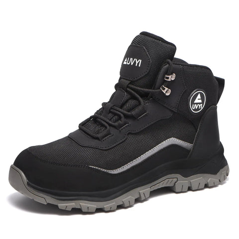 Steel Toe Work Boots For Men With Wide Toe Fit Breathable Fly Knit Mesh And Leather Upper Slip Resistant Durable Industrial And Construction Safety Shoes Built For Long Shifts On Tough Jobs, side view