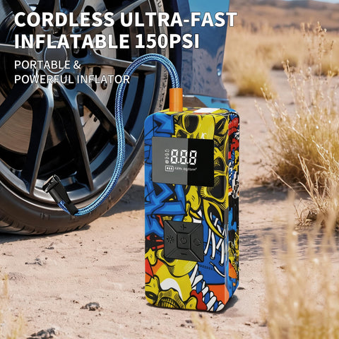 Beast 8000A Jump Starter With Air Compressor And Tire Inflator in use near a car wheel on a sandy terrain.
