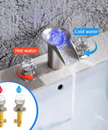 Waterfall Bathroom Sink Faucet with LED Crystal Ball, Deck Mount 3 Hole, Double Handle Brushed Nickel, Cold and Hot Controls