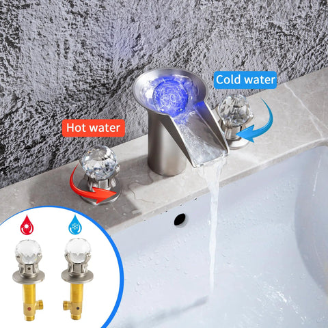 Waterfall Bathroom Sink Faucet with LED Crystal Ball, Deck Mount 3 Hole, Double Handle Brushed Nickel, Cold and Hot Controls