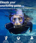 Person snorkeling underwater with Dry Snorkel With Top Dry Valve And Food Grade Silicone Mouthpiece, visible blue ocean background