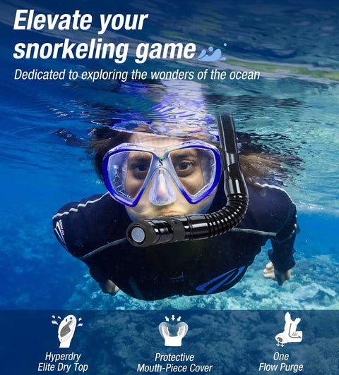 Person snorkeling underwater with Dry Snorkel With Top Dry Valve And Food Grade Silicone Mouthpiece, visible blue ocean background