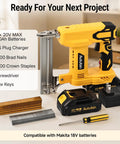 18 Gauge Cordless Brad Nailer 2 In 1 Electric Nail And Staple Gun Kit Battery Powered with batteries and accessories on a work surface.