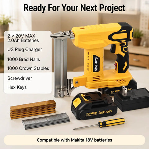 18 Gauge Cordless Brad Nailer 2 In 1 Electric Nail And Staple Gun Kit Battery Powered with batteries and accessories on a work surface.