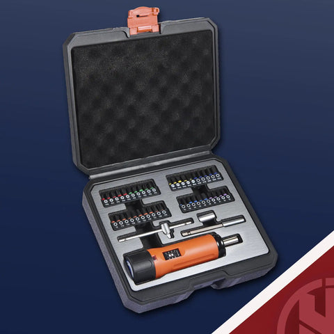 Torque Screwdriver And Driver Set For Maintenance And Bike Repair Ten To Seventy Inch Pounds Range T Bar Handle Forty Bits Open Case