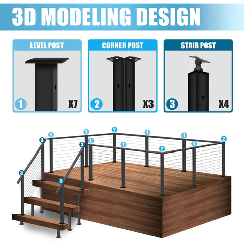 3D modeling design of 36 Inch Cable Railing Post Kit Surface Mount Black Heavy Duty Post Set With Pre Drilled Holes For Easy Install Invisible Cable Railing System