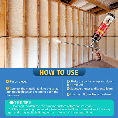 Person using DIY Spray Foam Insulation Kit With 24 Pack 25 Ounce Cans Covers Up To 480 Sq Ft Closed Cell Foam For Heat And Acoustic Insulation Includes Gun And Cleaner to spray wall.