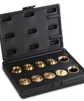 DCT brass router template guide bushings set in a black carrying case, 10 pieces in two rows, sizes 5/16 to 1 inch.