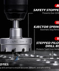 Heavy Duty Tungsten Carbide Hole Saw Kit with Pilot Bits and Hex Key, seven eighths to two inches in use on metal surface.