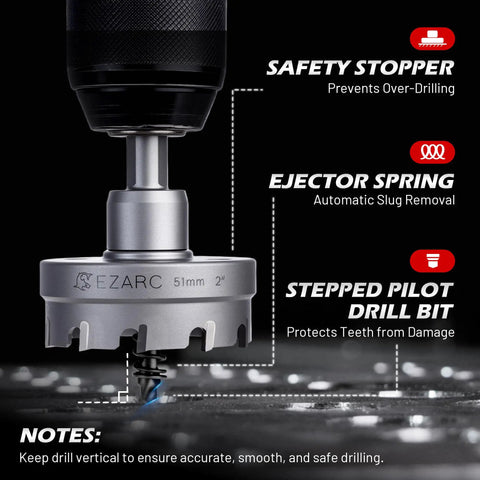 Heavy Duty Tungsten Carbide Hole Saw Kit with Pilot Bits and Hex Key, seven eighths to two inches in use on metal surface.