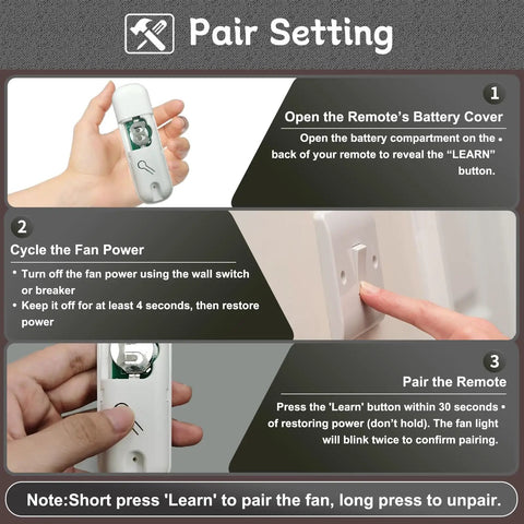Pair setting instructions for Ceiling Fan Remote Control Replacement with Wall Bracket No Fuss Setup and Light Dimmer.