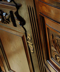 Golden Furnace Brass Cabinet Pulls Set of 2 3.5 Inch Floral Antique Style Solid Brass Handles for Furniture and Cabinetry With Decorative Washers on vintage wooden cabinet in detailed view