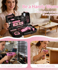 Woman using Girl Friendly 40 Piece Drill Set with Pink Cordless Drill and Tool Box, beginner kit for home DIY and crafts.