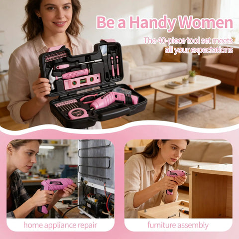 Woman using Girl Friendly 40 Piece Drill Set with Pink Cordless Drill and Tool Box, beginner kit for home DIY and crafts.